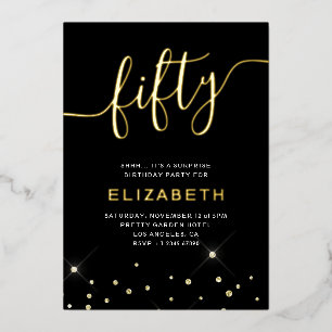 Black & Gold Glitzer Script 50. Geburtstagsparty Folieneinladung