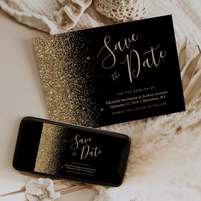 Black Gold Glitzer Script Save the Date Einladung (Von Creator hochgeladen)