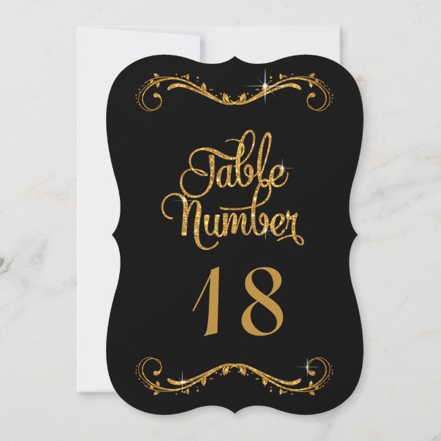 Black Gold Glitzer Script Typografy Tischnummern (Rückseite)
