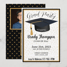 Black & Gold Glitzer & Stars 2 Foto Grad Party Einladung