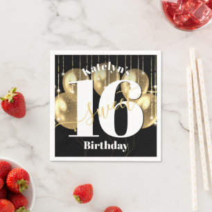 Black Gold Glitzer Sweet 16 Birthday Balloons Bold Serviette