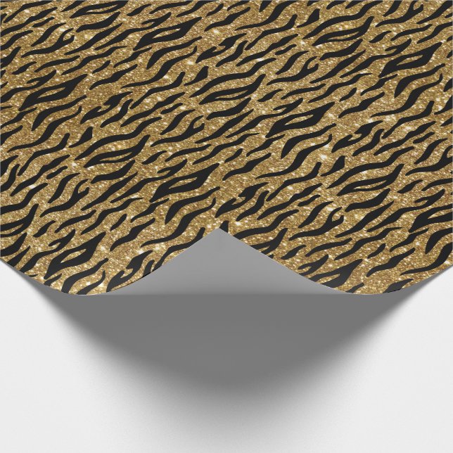 Black & Gold Glitzer Tiger Print Geschenkpapier (Ecke)