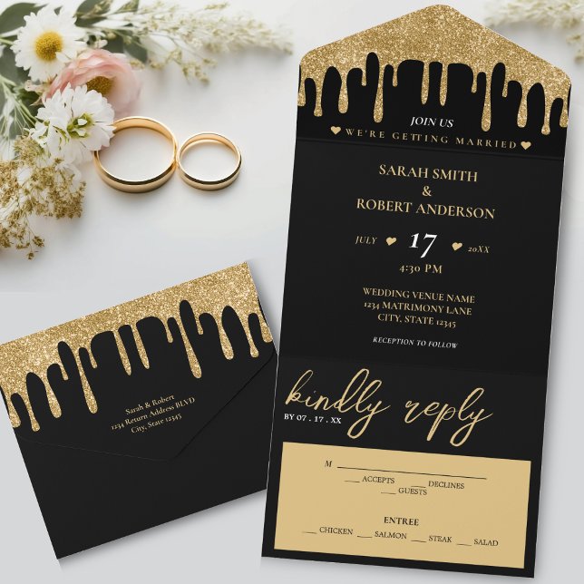 Black & Gold Glitzer Tropfen Hochzeit All In One Einladung (Black & Gold Glitter Drip Wedding All In One Invitation)