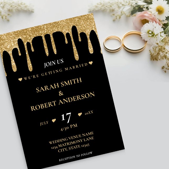 Black & Gold Glitzer Tropfen Hochzeit Einladung (Black & Gold Glitter Drip Wedding Invitation)