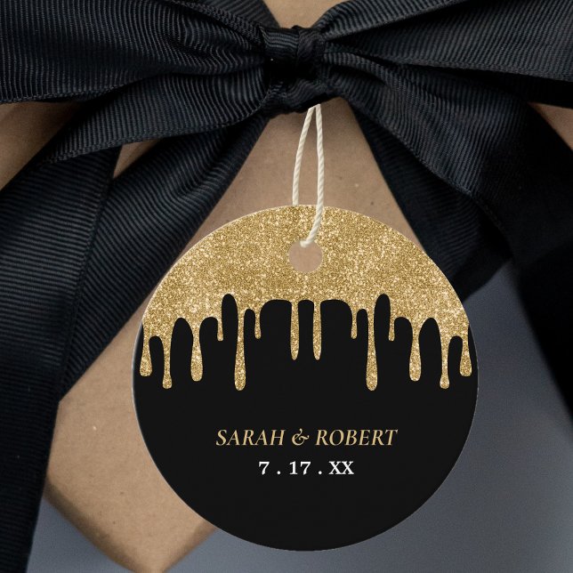 Black & Gold Glitzer Tropfen Hochzeit Geschenkanhänger (Black & Gold Glitter Drip Wedding Favor Tags)