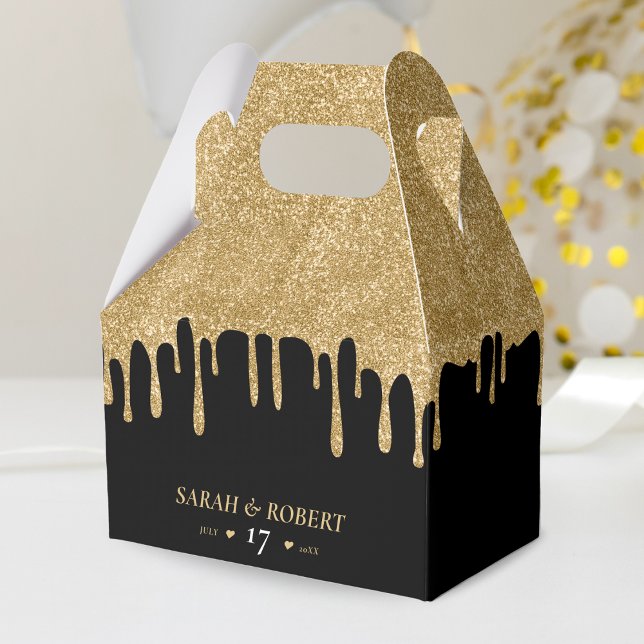 Black & Gold Glitzer Tropfen Hochzeit Geschenkschachtel (Black & Gold Glitter Drip Wedding Favor Box)