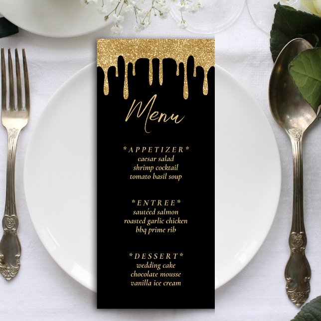 Black & Gold Glitzer Tropfen Hochzeitsempfang Menükarte (Black & Gold Glitter Drip Wedding Reception Menu)