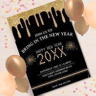 Black & Gold Glitzer Tropfen Silvester Party 2024 Einladung