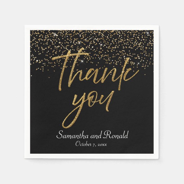 Black & Gold Glitzer Vielen Dank für Ihre Hochzeit Serviette (Vorderseite)