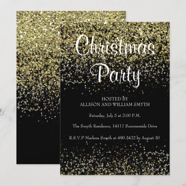 Black & Gold Glitzer Weihnachten Party Einladungen (Vorne/Hinten)