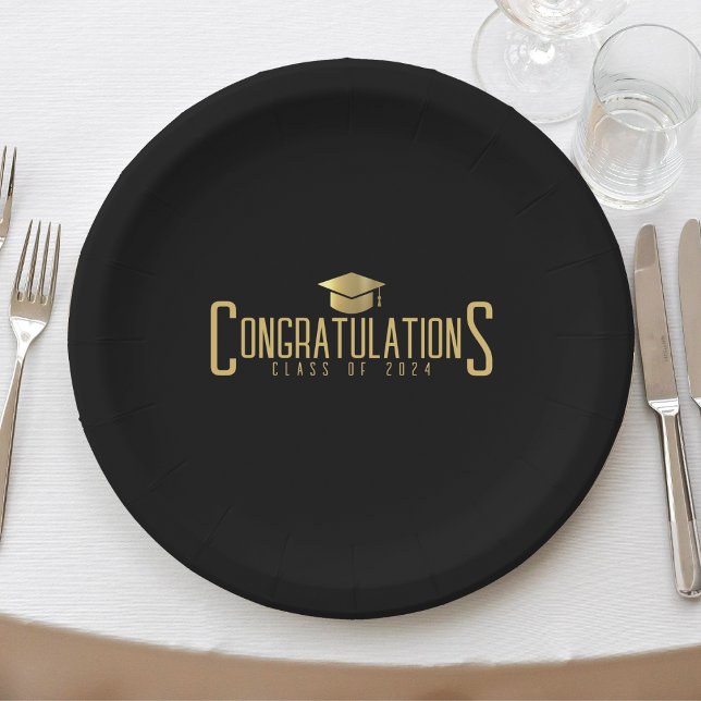 Black & Gold Glückwunschklasse Abschluss Pappteller (Black & Gold Congratulations Class Of Graduation Paper Plates)