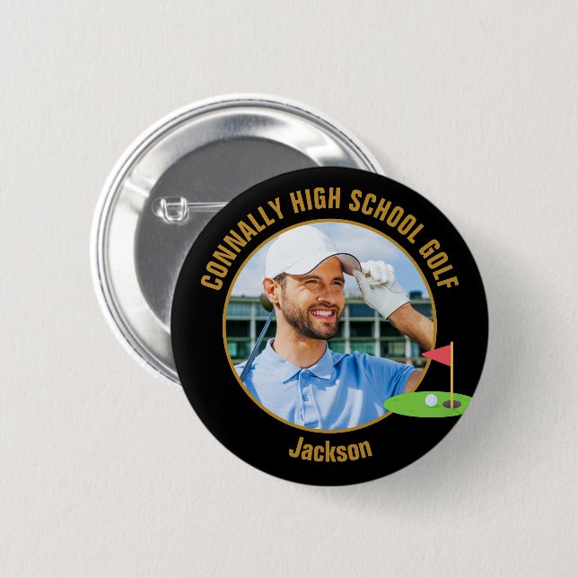 Black Gold Golfer Photo High School Golf Team Button (Vorne & Hinten)