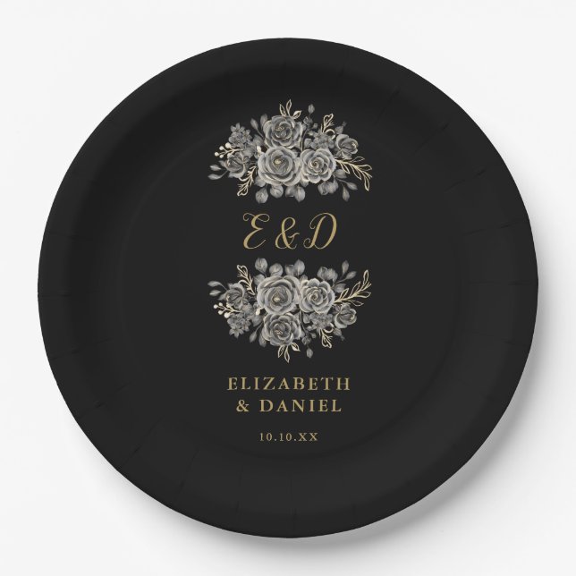 Black Gold Goth Floral Monogram Wedding Pappteller (Vorderseite)