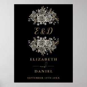 Black Gold Gothic Floral Monogram Wedding Sign Poster