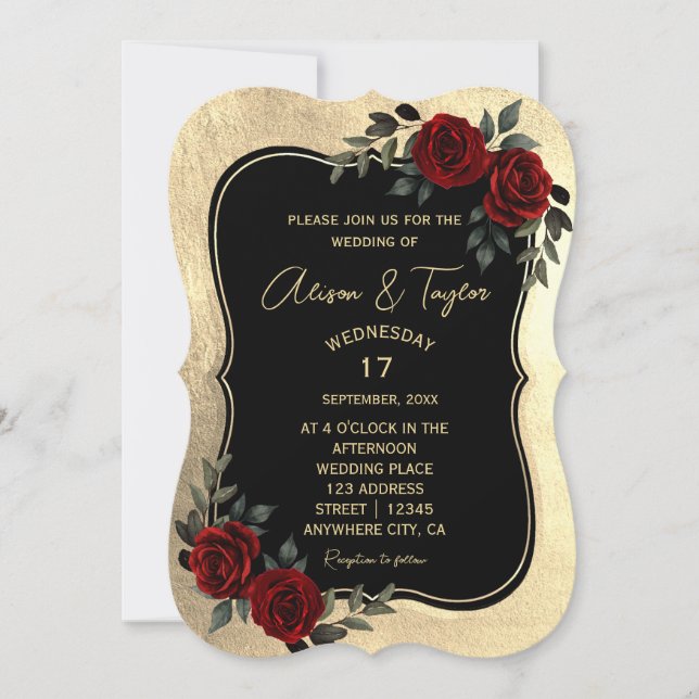 Black Gold Gothic Red Green Floral Wedding Einladung (Vorderseite)