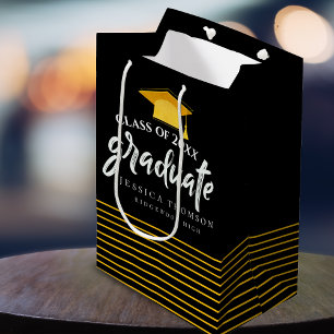 Black & Gold Grad Hat Graduation Party Gunst Mittlere Geschenktüte