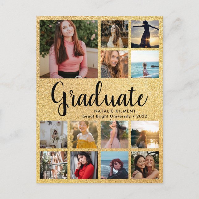 Black & Gold Graduate 14 Foto Collage Abschluss Ankündigungspostkarte (Vorderseite)