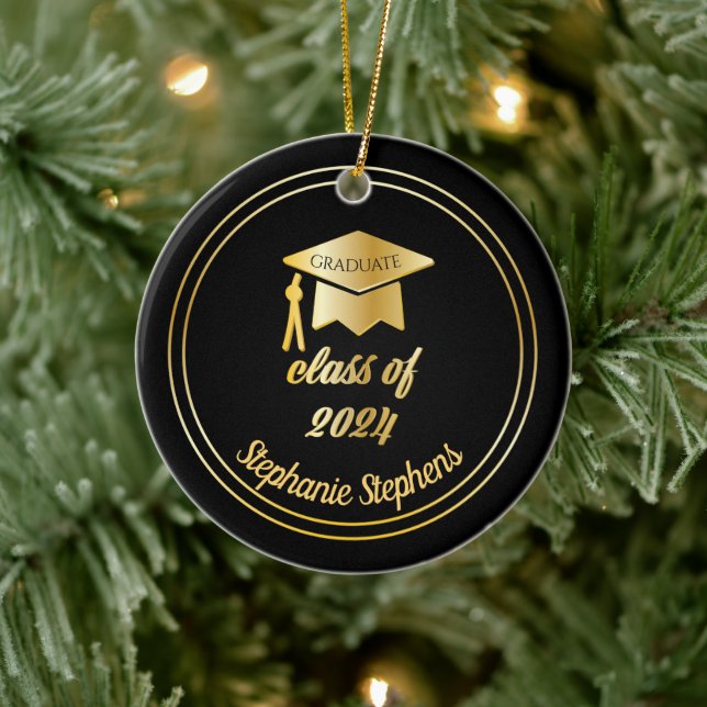 Black Gold Graduate Cap Graduation 2024 Photo  Keramik Ornament (Baum)