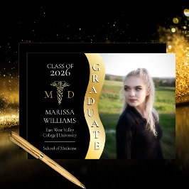Black |Gold Graduate Wave Caduceus MD Medical Grad Ankündigung