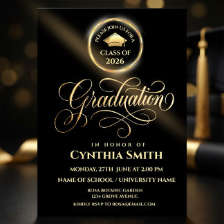 Black & Gold Graduation Invitation | Class of 2026 Einladung