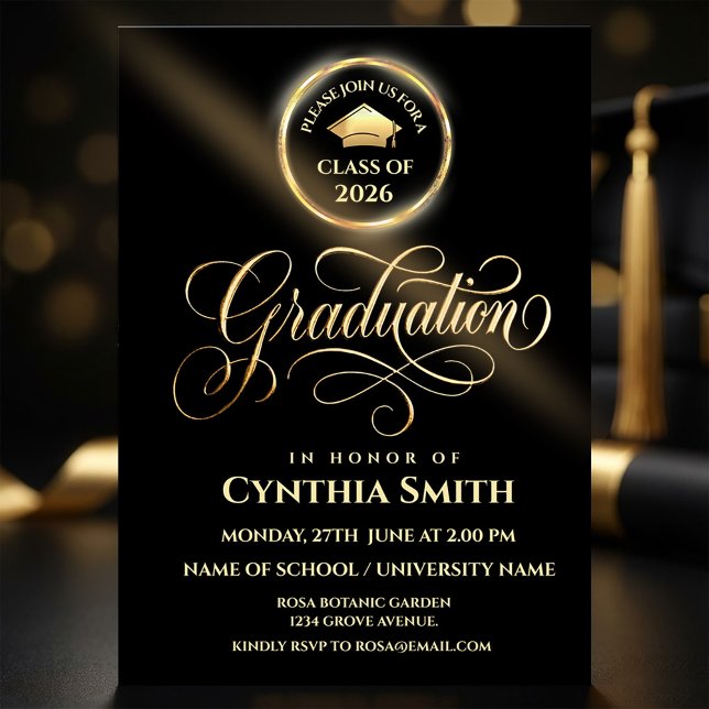 Black & Gold Graduation Invitation | Class of 2026 Einladung (#GraduationInvitation#ClassOf2026#GraduationParty#GraduationDesign#BlackAndGold#LuxuryInvitatio)