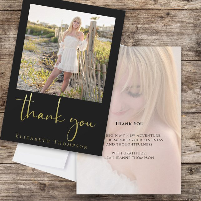 Black Gold Graduation Merci photo personnalisée (Graduation photo thank you card with a two photo template)