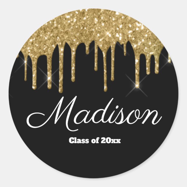 Black & Gold Graduation Party Gunst Class 2025 Runder Aufkleber (Vorderseite)
