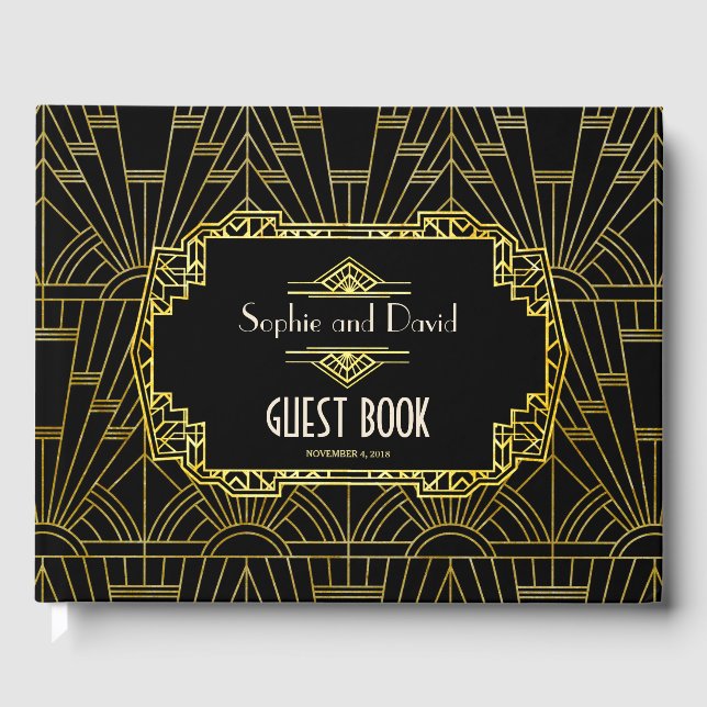 Black & Gold Great Gatsby Art Deco Hochzeit Gästebuch (Vorderseite)