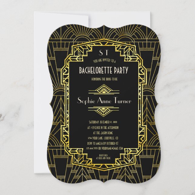 Black & Gold Great Gatsby Junggeselinnen-Abschied Einladung (Vorderseite)
