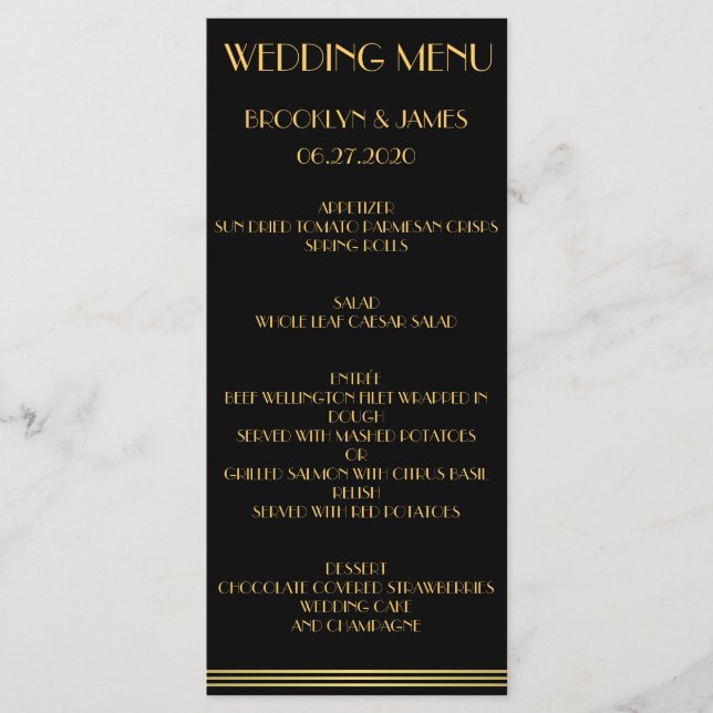 Black Gold Great Gatsby Wedding Menu Cards Menükarte (Vorderseite)