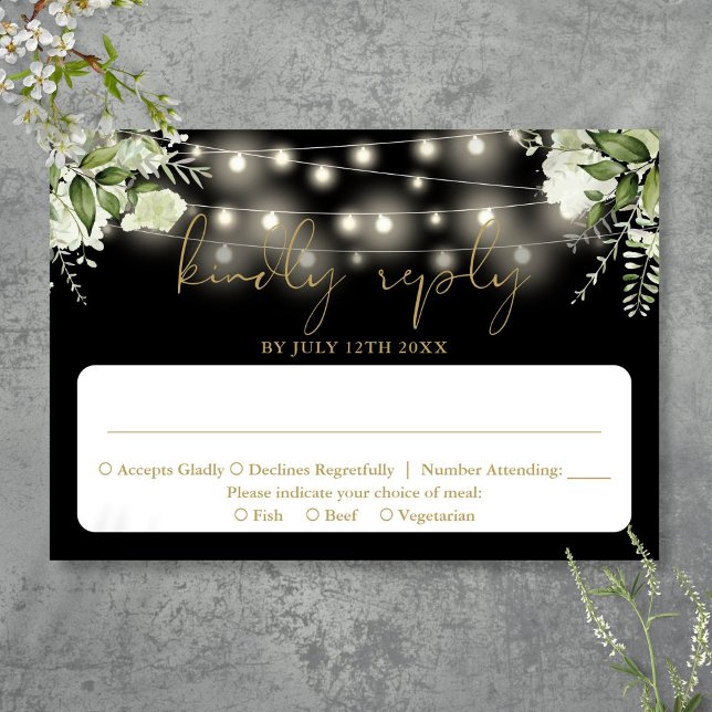 Black Gold Greenery Blues String Lights Hochzeit RSVP Karte (Black Gold Greenery Floral String Lights Wedding RSVP Card)