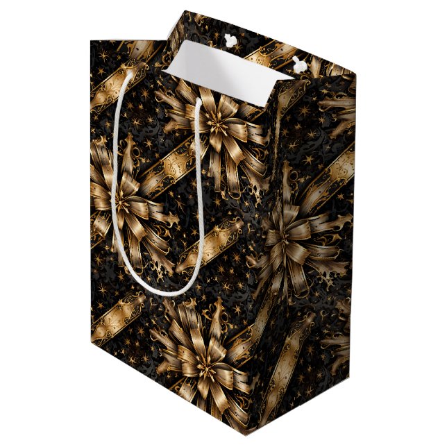 Black & Gold Grunge Weihnachtsband Mittlere Geschenktüte (Rückseite Schrägansicht)