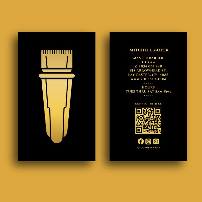 Black & Gold Hair Clipper Barbershop Business Card Visitenkarte (Von Creator hochgeladen)
