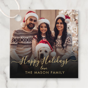 Black Gold Happy Holidays Script Family Foto Geschenkanhänger