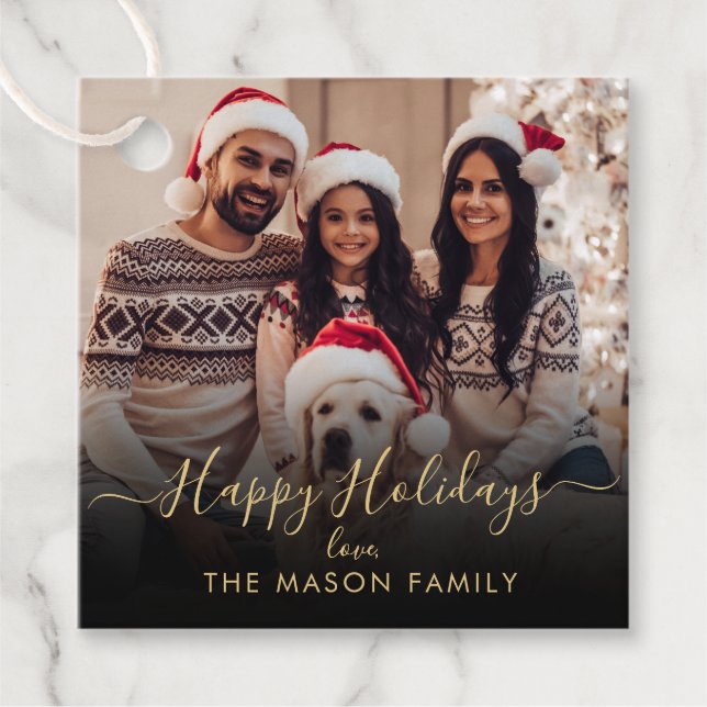 Black Gold Happy Holidays Script Family Foto Geschenkanhänger (Vorderseite)