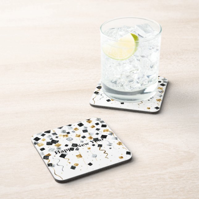 Black Gold Happy New Year Confetti Getränkeuntersetzer (Rechte Seite)