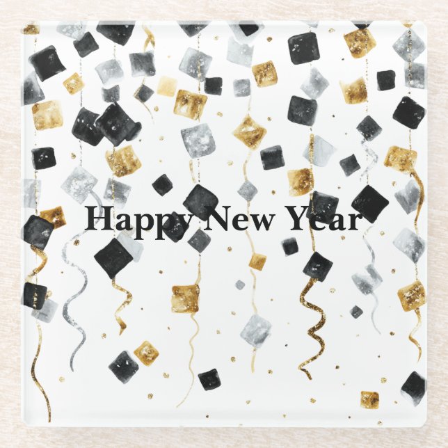 Black Gold Happy New Year Confetti Glasuntersetzer (Vorderseite)