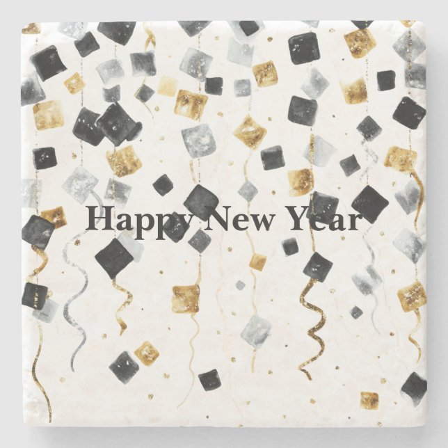 Black Gold Happy New Year Confetti Steinuntersetzer (Vorderseite)