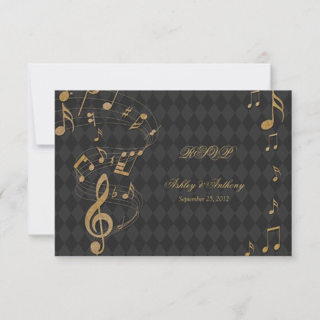 Black Gold Harlequin Musiknoten Hochzeit RSVP-Kart RSVP Karte (Vorderseite)