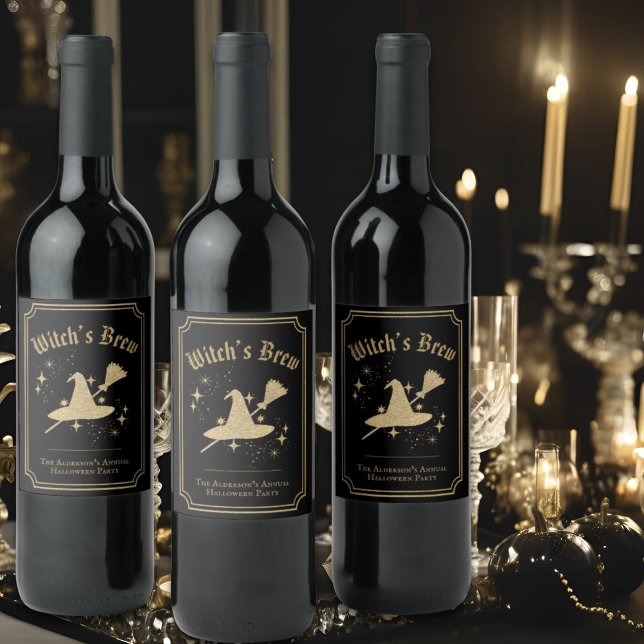 Black Gold Hat & Broom Witchs Brew Halloween-Party Weinetikett (Von Creator hochgeladen)