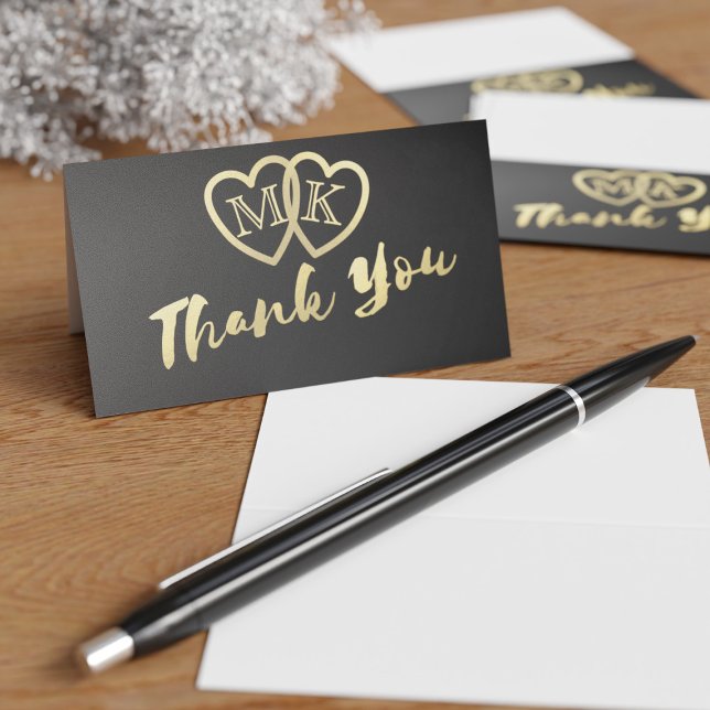 Black Gold Hearts Mini Mariage Merci Cartes (Mini thank you cards with space for your initials in the gold hearts)