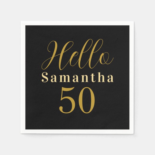 Black Gold Hello 50 Personalized 50th Birthday Serviette (Vorderseite)