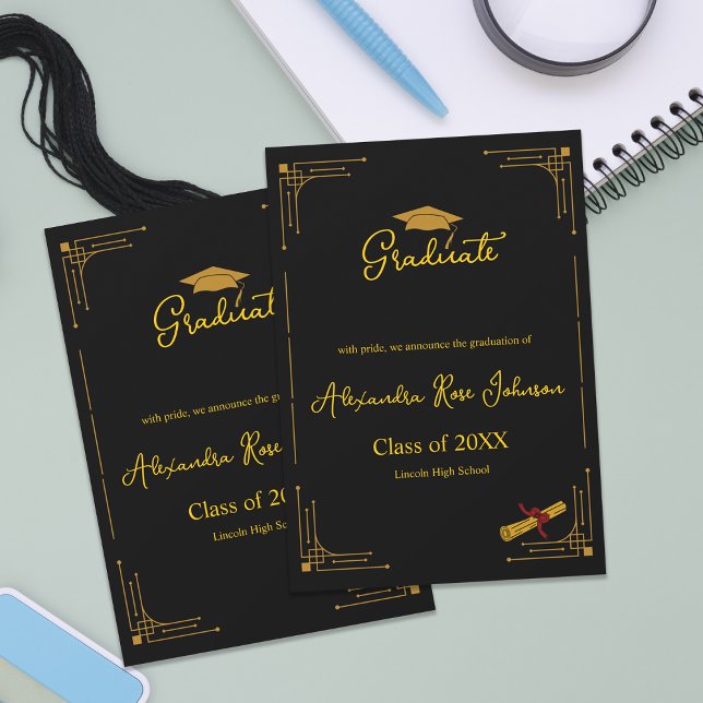 Black & Gold High School Graduation Announcement Einladung (Black & Gold High School Graduation Announcement | Elegant Art Deco Graduate Card)