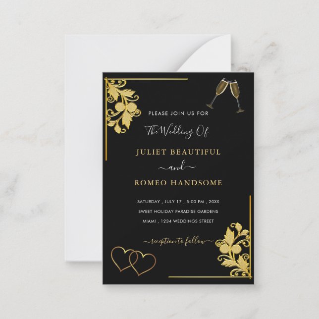 Black Gold Hochzeit Einladung Herz und Champagner (Vorderseite)