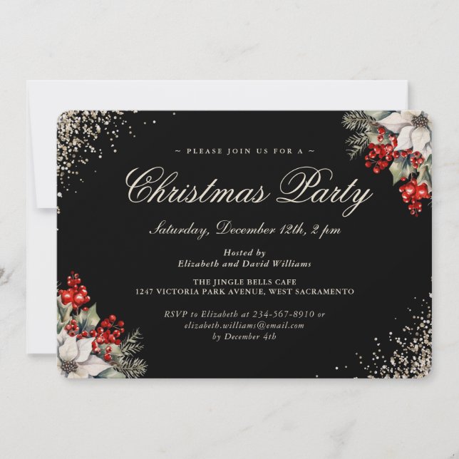 Black Gold Holly Berries Christmas Holiday Party Einladung (Vorderseite)