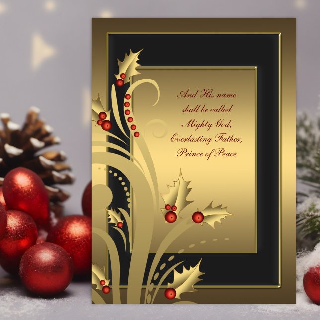 Black Gold Holly Christliche Weihnachtskarten Feiertagskarte (Christian Christmas card with red and gold holly on a black and gold background with scriptures.)