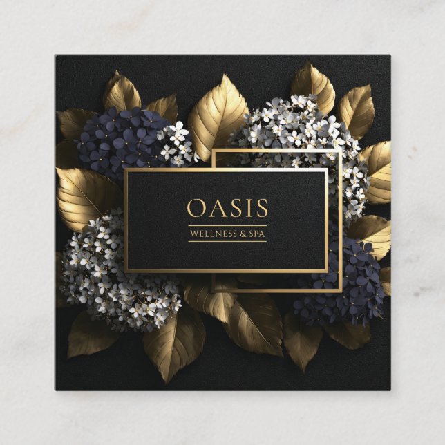 Black Gold Hydrangea Floral Geometric Modern Quadratische Visitenkarte (Vorderseite)