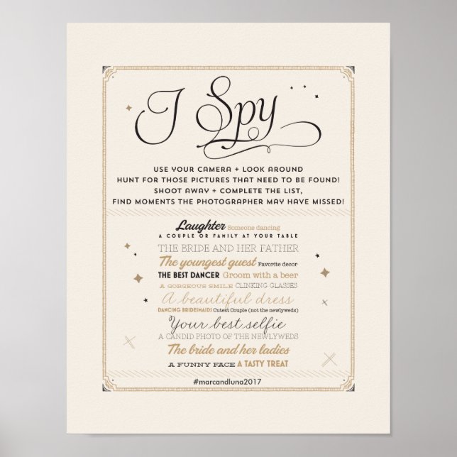 Black & Gold I Spy Wedding Hashtag Sign Poster (Vorne)
