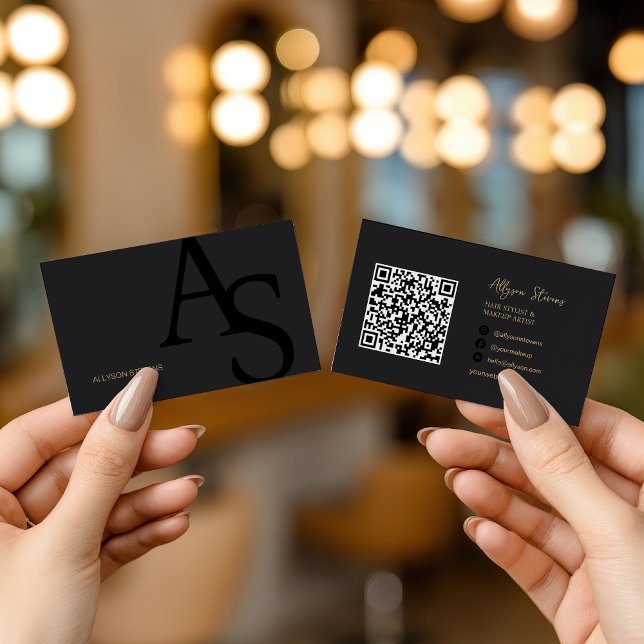 Black Gold Initials Logo Makeup Artist QR Code Visitenkarte (Black Gold Initials Logo Makeup Artist QR Code Business Card)