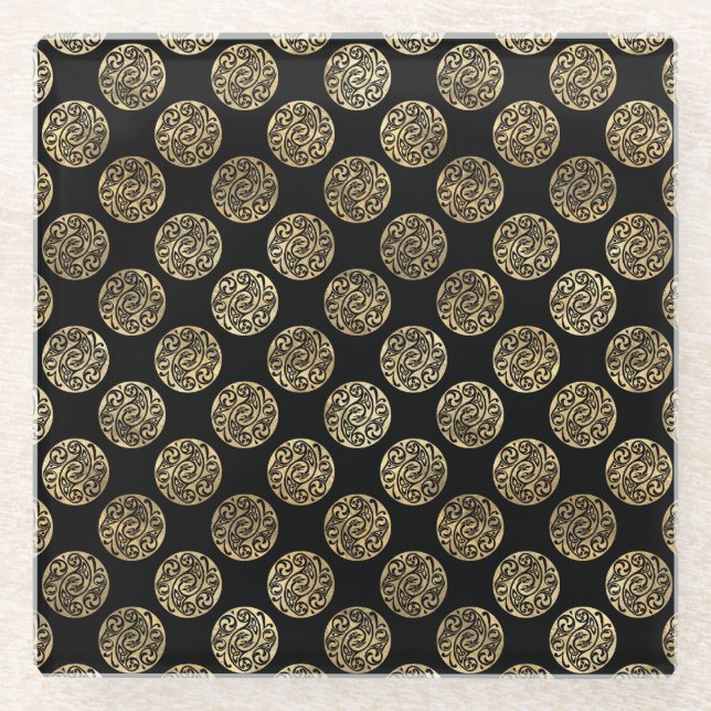 BLACK & GOLD IRISH CELTIC KNOTS & CROSSES GLASUNTERSETZER (Vorderseite)